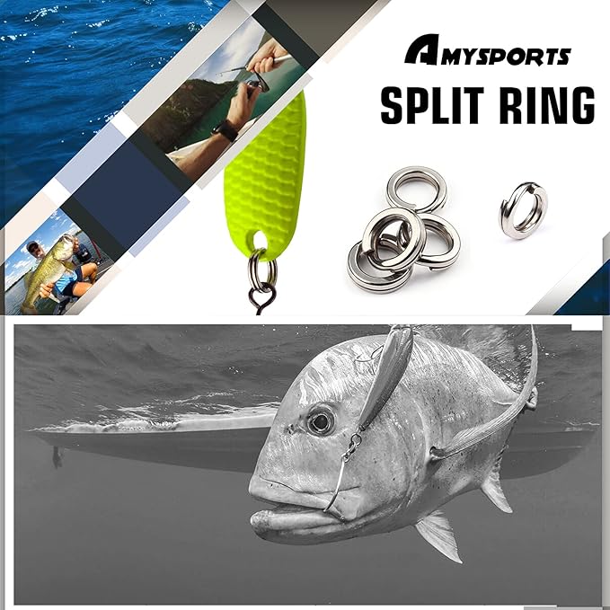 AMYSPORTS Stainless Steel Split Rings Saltwater High Strength Fishing Split Ring Line Connector Fishing Split Rings Freshwater Loop
