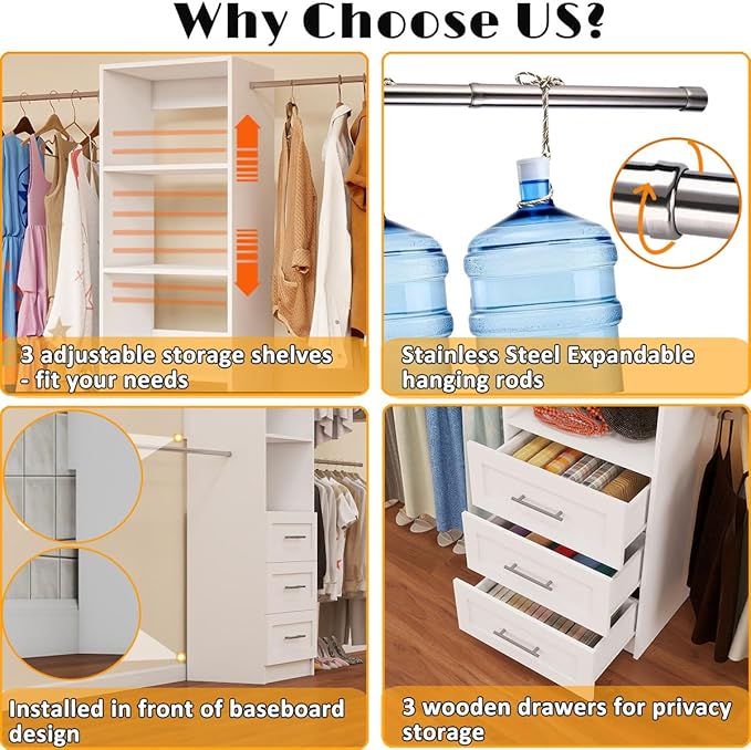 Closet System, 5FT-9FT Closet Organizer System 114.9" Walk in Closet Storage System with 3 Wooden Drawers 4 Expandable Hanging Rods, Wall Mount White