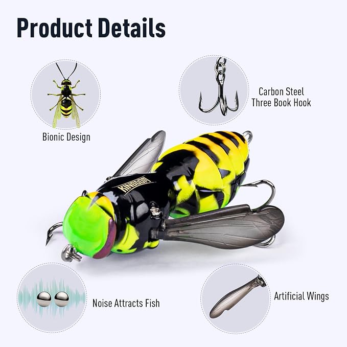 Kingdom Wasp Craw Bait Insect Bionic Floating Fishing Lures Swimbaits Hard Artificial Baits Lure for Freshwater and Saltwater Bass Carp Pike Walleye Fishing ABS Material Carbon Steel Three Book Hook