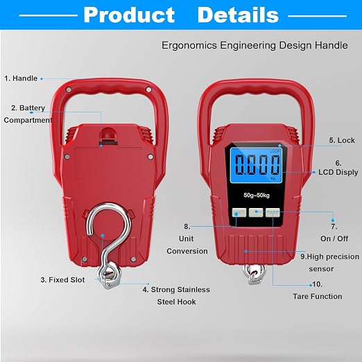 Digital Fish Scale Hanging Scale Fishing Scale,110lb/50kg Luggage Scale,Upgrade Large Handle & Backlit LCD Display, Electronic Balance Digital Fishing Postal Scale, Red, Fishing Gifts for Men