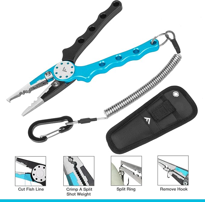 FLISSA Fishing Tool Kit, Fish Gripper with Scale, Braided Line Scissors, Fish Fillet Knife/Muti-Function Fishing Pliers/Fish Hook Remover, Saltwater Resistant Fishing Gear with Safety Coiled Lanyard