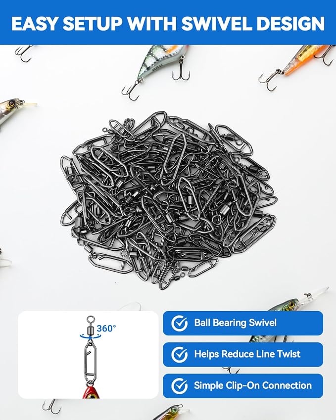 110 Pcs High Strength Fishing Swivels, Stainless Steel Snap Swivels with Quick Change Clips, Saltwater Freshwater Fishing Accessories, Black Nickel Coated