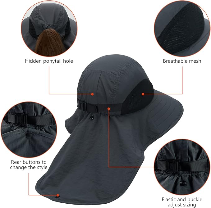 BASSDASH UPF 50+ Unisex Water Resistant Wide Brim Sun Hat with Large Neck Flap Ponytail Fishing Hat for Men Women