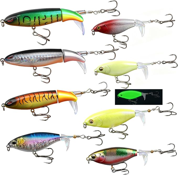 8PCS Fishing Lure Whopper Set, Top Water Plopper Bait for Bass, Popper Lures for Freshwater& Saltwater with Floating Rotating Tail and Sharp Barb Treble Hooks