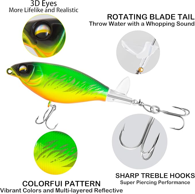 5Pcs Topwater Fishing Lures with Bait Box, Whopper Popper with Rotating Tail Treble Hooks, Plopper Floating Lure for Bass Crappie Walleye Catfish Pike Perch, Freshwater or Saltwater