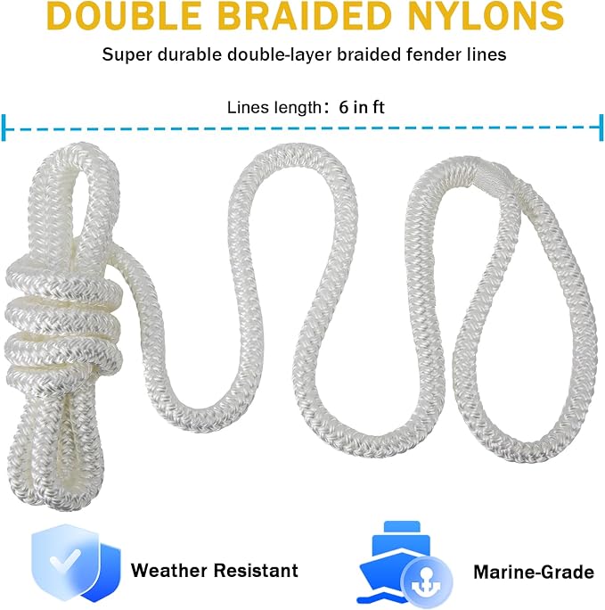 2 Pack 3/8'' x 6' Boat Fender Lines for Mooring, Docking Ties & Small Boat,Premium Marine- Grade Double Braided Nylon Boat Rope with a 5" Eyelet,Anti-Wear & Weather-Resistant-White