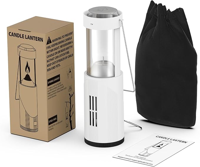 15Hour+ Long Burning Mini Candle Lantern for Real Candles, Outdoor Camping Emergency Lighting, Portable Survival Lantern for Power Outages w/ Storage Bag - White, 1Pack