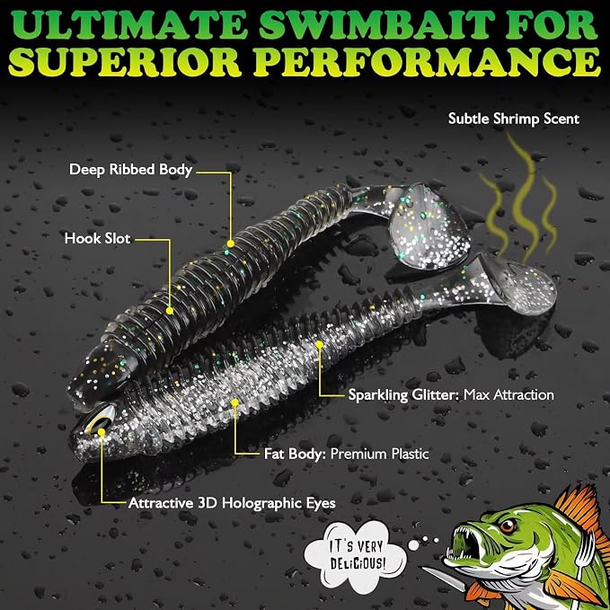 LUCKYFISHING Paddle Tail Swimbaits 10/16/20 PCS Fishing Lures Soft Plastic Lures for Trout Crappie Walleye Soft Baits for Bass Fishing Freshwater Saltwater 4.1/3.5/3/2.5 Inch