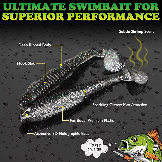 LUCKYFISHING Paddle Tail Swimbaits 10/16/20 PCS Fishing Lures Soft Plastic Lures for Trout Crappie Walleye Soft Baits for Bass Fishing Freshwater Saltwater 4.1/3.5/3/2.5 Inch