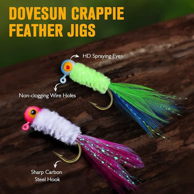 Dovesun Crappie Jigs, Jig Heads with Feather Hand-Tied Marabou Jigs Ice | Fly Fishing Lures 10 Colors 1/32oz 1/16oz 1/8oz Fishing Hair Jigs for Panfish Sunfish Walleye 20-40pcs