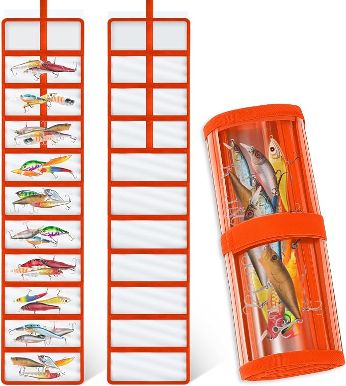 Soulchen 2 Pcs Roll up Fishing Lure Wraps Lure Covers Set 10 Pocket Fishing Hook Covers Clear PVC Bait Bag Tackle Storage Bags & Wraps Easily See Lures Storage Organizer Protector(Orange)