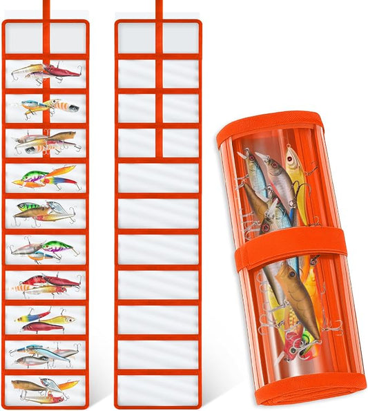 Soulchen 2 Pcs Roll up Fishing Lure Wraps Lure Covers Set 10 Pocket Fishing Hook Covers Clear PVC Bait Bag Tackle Storage Bags & Wraps Easily See Lures Storage Organizer Protector(Orange)