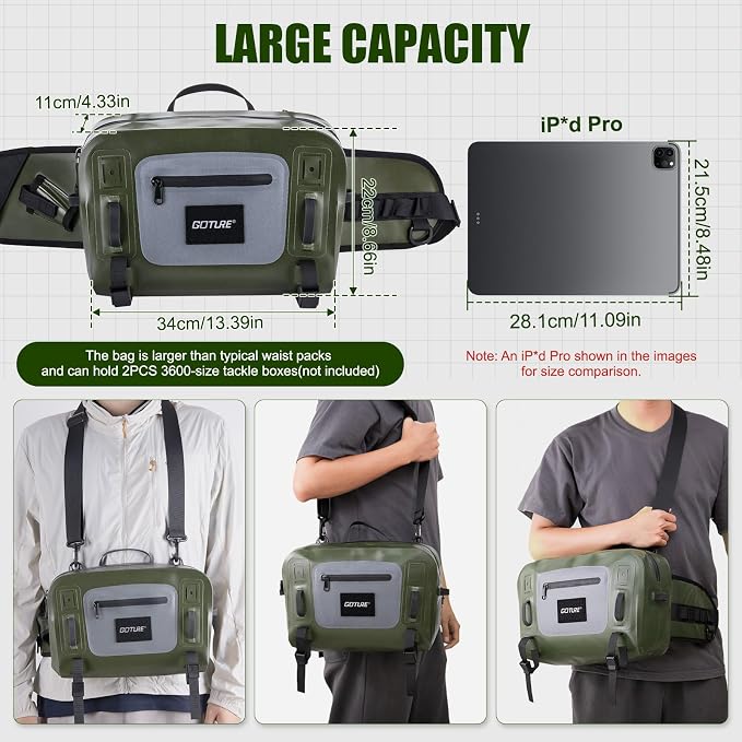 Goture Waterproof Fishing Waist Pack, IPX8 840D TPU Large Tackle Bag with Rod Holder, Airtight Zipper Closure, Fly Fishing Bag with Adjustable Waist Strap, Sling Fanny Pack with 16pcs Popper Flies