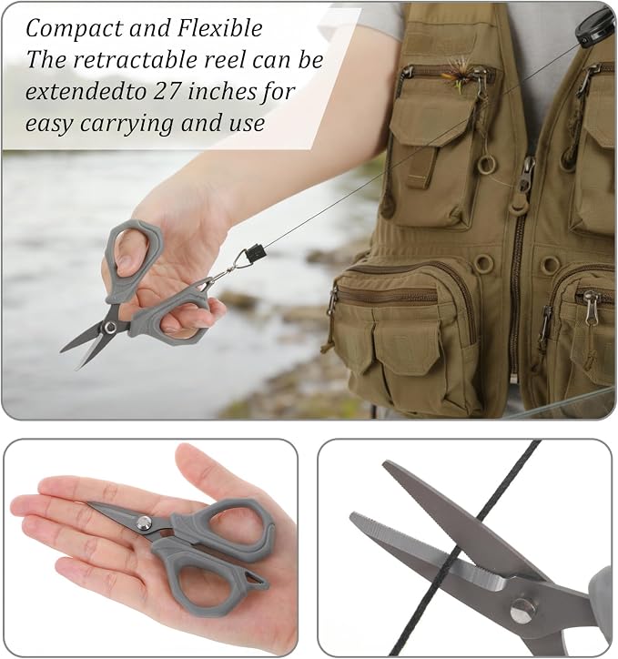 Fishing Scissors for Braided Line, 4" Retractable Braided Fishing Line Cutter Non-Slip Grip Braid Scissors with 27" Retractable Reel Carabiner Design for Easy Carrying Ideal for Saltwater & Freshwater