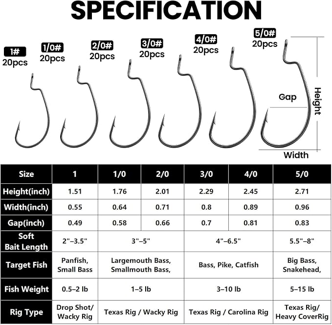 50/100/120pcs EWG Fishing Hooks, Bass Fishing Hooks Offset Worm Hook Texas Rig Hooks Live Bait Fishing Hooks for Freshwater Saltwater Size 4 2 1 1/0 2/0 3/0 4/0 5/0