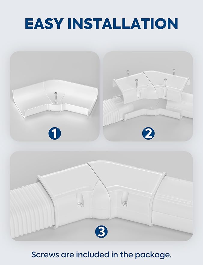 3" Flexible Level Bend Cover, 90°-135° Flat Elbow, Upgrade PP Heat-resistant, Paintable Decorative Line Set Cover Kit Parts Accessories for Mini Split Air Conditioners, AC, HAVC and Heat Pumps