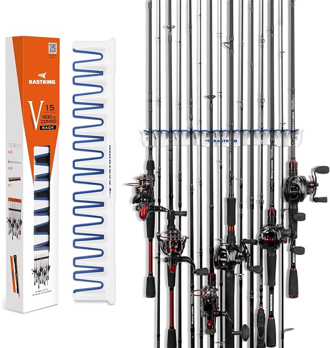 KastKing V15 Vertical Fishing Rod Holder – Wall Mounted Fishing Rod Rack, Store 15 Rods or Fishing Rod Combos in 17.25 Inches, Great Fishing Pole Holder and Rack