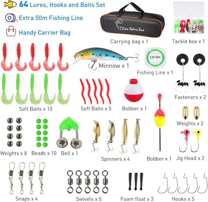 Kids Fishing Pole Kit, 59'' Telescopic Rod and Reel Beginner Combo with Spincast Reel,Tackle Box, Carrier Bag,Fishing Gear for Boys,Girls, Toddler,Youth