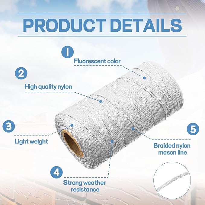 Amylove 6 Roll Mason String Line #18, 500 ft Nylon Braided Construction String Line, Heavy Duty Outdoor Twine Rope for Gardening or Masonry Tools Construction DIY Project, Fluorescent White