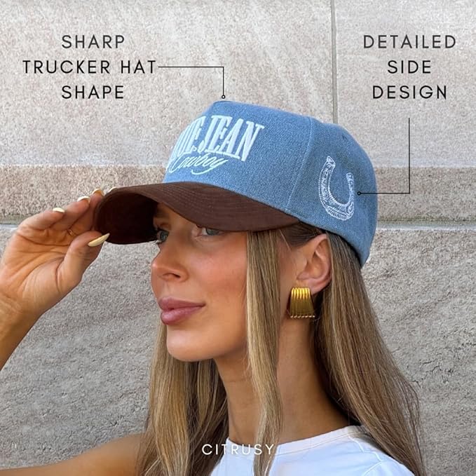 Vintage Western Trucker Hat | Men & Women | Country Cute Caps for Cowgirls Cowboys | Camo Denim Embroidered Cotton | Snapback