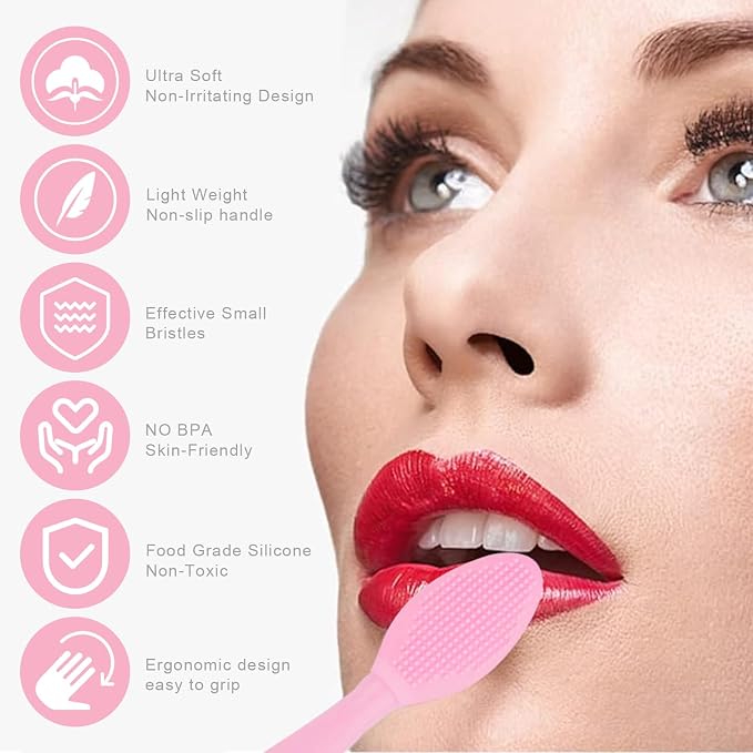 Lip Scrub Brush,Double-Sided Silicone Exfoliating Lip Brush Tool for Smoother and Fuller Lip Appearance,Pink,2pcs