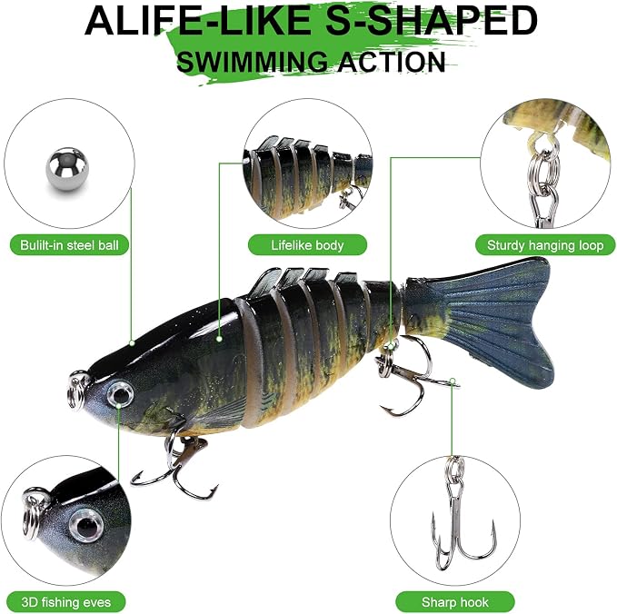 6Pcs Fishing Lures for Bass, Topwater Trout Lure, Multi Jointed Swimbaits, Multi-Jointed Slow Sinking Hard Baits, Swimming Lures for Freshwater Saltwater, Lifelike Fishing Lures Kit
