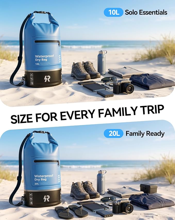 Rorhxia 10L Waterproof Dry Bag, [Upgraded Waterproof & Tearproof] with Bonus Phone Waterproof Case, Roll Top Floating Waterproof Storage Bag for Kayaking, Beach, Fishing, Gym, Camping Outdoor