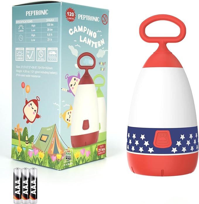 Kids Camping Lantern & Night Light, Battery Powered, 360° Eye-Safe Light, American Flag Pattern, IPX4 Waterproof Scout Gear & Decor (American Flag, 3× AAA Included)