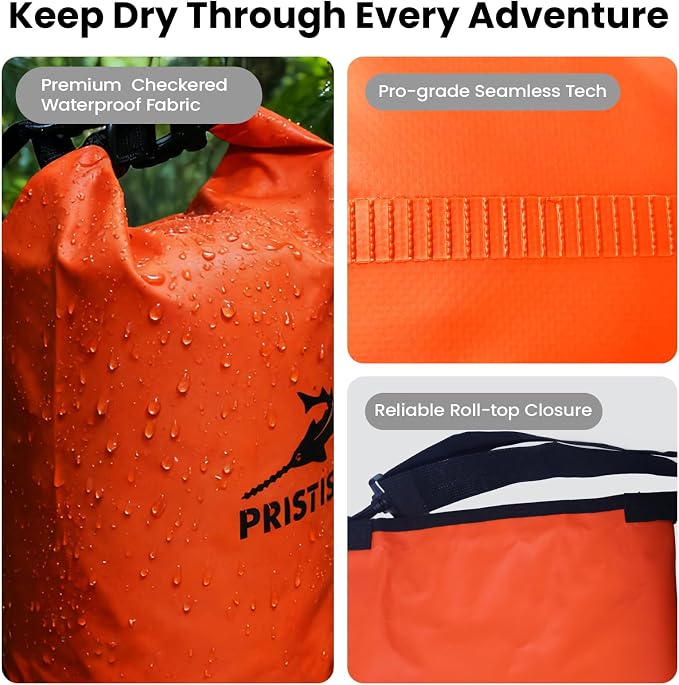 Pristis 10L Waterproof Dry Bag, Heavy-Duty Roll Top Dry Storage Backpack for Outdoor Boating Kayaking Fishing Rafting Camping, Lightweight Floating Kayak Sack Gear Accessory for Men Women, Orange