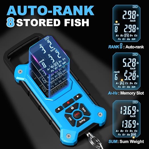 SNAIL TRAIL 8 Storage Bins Digital Fishing Scale & Lip Gripper with Auto-Rank, Large & High Contrast Backlit LCD Display, Multi-Mode(LB, LB-OZ, KG), 50 lbs Tournament Bass Fish Weigher, Gift for Men