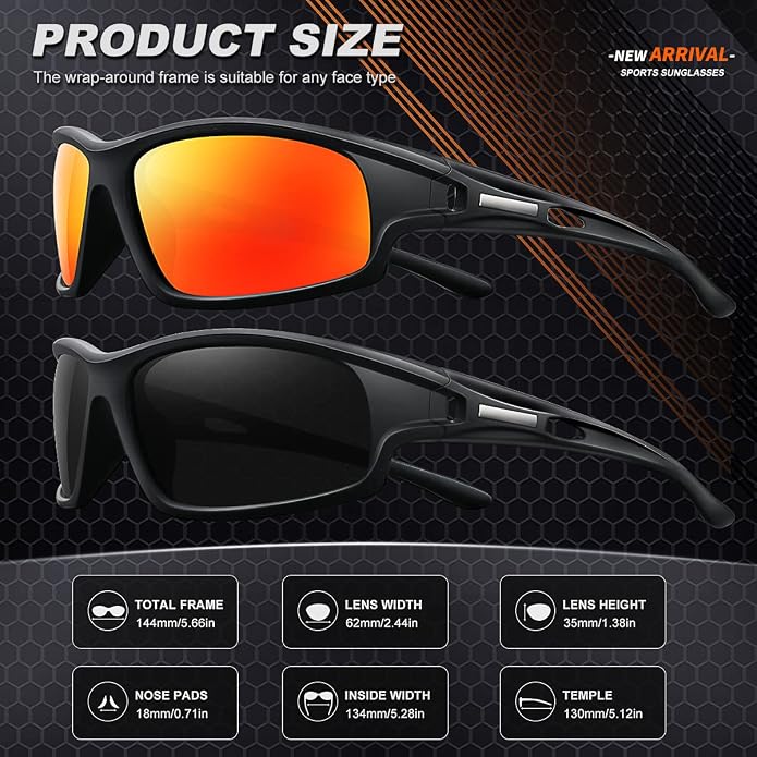 Polarized Sports Sunglasses for Men 100% UV Protection Wrap Around Unbreakable Sun Glasses for Fishing Driving