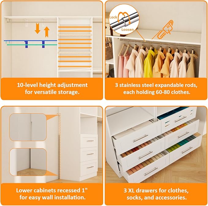 Closet System with 6 Wood Drawers, 5.8FT-8FT-13FT Closet Organizer System Storage Storage Adjustable with 6 Cuttable Shelves & 6 Expandable Hanging Rods, Walk in Closet, 2 Sets , White