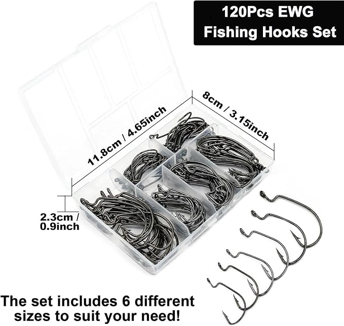 FishTrip 50/100/120pcs EWG Hooks for Bass Fishing Hooks, Extra Wide Gap Offset Worm Hook Texas Rig Fish Hooks for Bass Trout Freshwater Saltwater #4 #2 #1 1/0 2/0 3/0 4/0 5/0