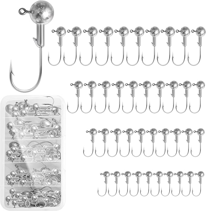40pack Fishing Jig Heads Set with Hooks Box, Fishing Soft Lures Hooks for Crappie Bass Trout, Saltwater Freshwater Fishing Tackle Kit, 1/8 oz, 3/16 oz, 1/4 oz, 3/8 oz, 10pcs Each Size