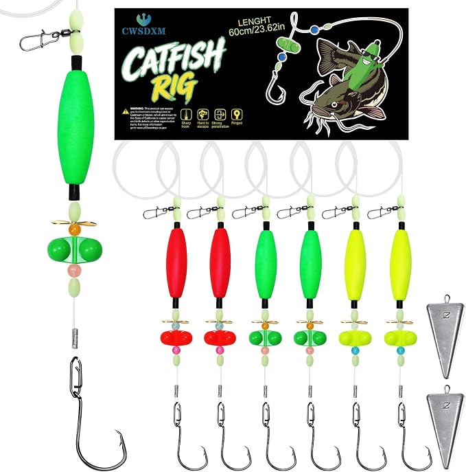 Catfish Rigs with 2oz Pyramid Sinker，High Carbon Circle Hooks 6/0 8/0，3/6pcs Catfish Float Rigswith Adjustable Bottom-lowering Device,Take Down Rigs for Catfish,Complete & Ready-to-Use Kit