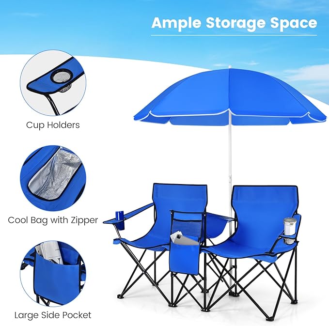 Tangkula Double Camping Chairs with Umbrella, Portable 2 Seat Folding Camp Chair with Cooler Bag, Beverage Holder, Carrying Bag, Foldable Lawn Chair for Outside, Fishing, Picnic, Beach