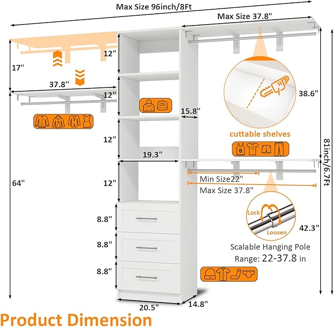 Closet System with Drawers, 5FT-8FT Closet Organizer System with Shelves & Adjustable Hanging Rods, 96" Walk in Closet System Storage Wood, White