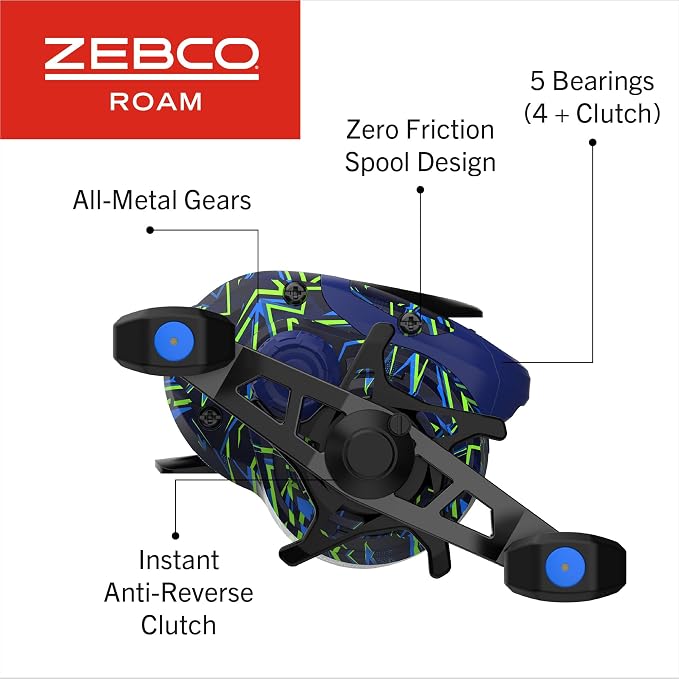 Zebco Roam Baitcast Reel and Fishing Rod Combo, 6-Foot 6-Inch 2-Piece Fiberglass Rod with Split-Grip MaxTac Rod Handle, Lightweight Graphite Frame