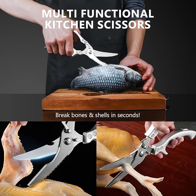 Poultry Shears - Heavy-Duty Kitchen Scissors with Fish Scaler & Bottle Opener, 2CR14 Stainless Steel, Spring Loaded, Multi-Purpose Scissors for Meat, Chicken, and Fish, Dishwasher Safe.