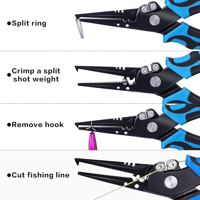 Sougayilang Fishing Pliers,Sheath and Lanyard Tungsten Carbide Cutters,420 Stainless Steel Fishing Tools,Saltwater Resistant Fishing Gear with Rubber Handle-7.5'' Split Ring Nose - Blue