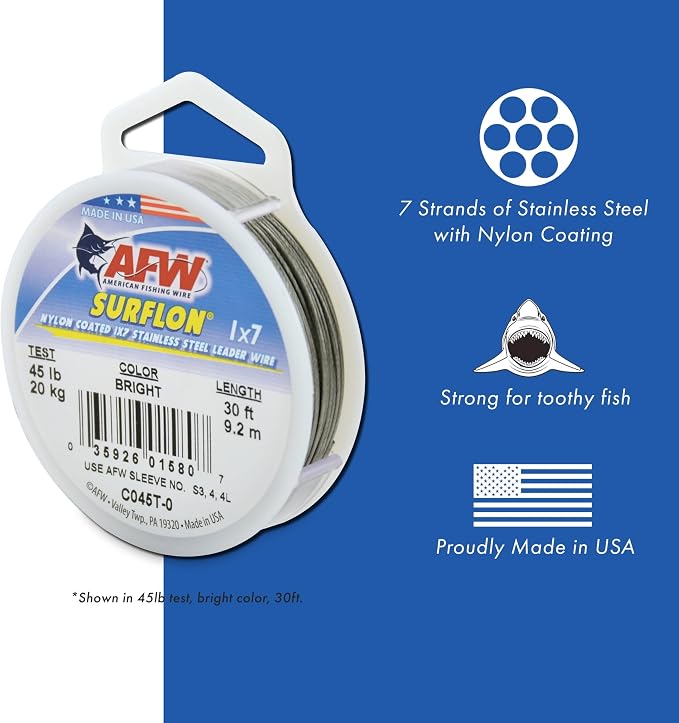 American Fishing Wire Surflon Nylon Coated 1x7 Stainless Steel Wire Leader - Wire Fishing Leader Line for Saltwater 10lb Up To 250lb Test in Bright, Black, Camo in 30ft, 100ft, 300ft, & 1000ft Lengths