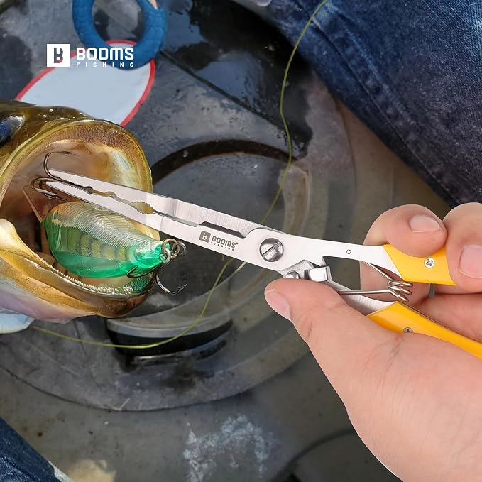 Booms Fishing Pliers Hook Remover: 8" Long Nose Fish Pliers Stainless Steel for Saltwater - Braid Line Cutters with Coiled Lanyard and Safety Lock Design, Multi-Function Fishing Tool for Men, H06