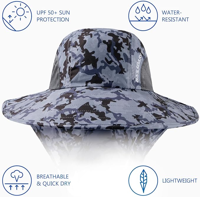 BASSDASH UPF 50+ Unisex Water Resistant Wide Brim Sun Hat with Large Neck Flap Ponytail Fishing Hat for Men Women
