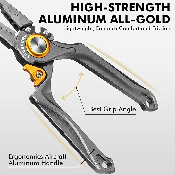 TRUSCEND Easy Use Lockable Fishing Pliers with Tungsten Carbide Cutter, Innovative Ergonomic Handy Handle, Saltwater Corrosion Resistant Teflon Coated Fishing Tool, Light Multi-Function Fishing Gear