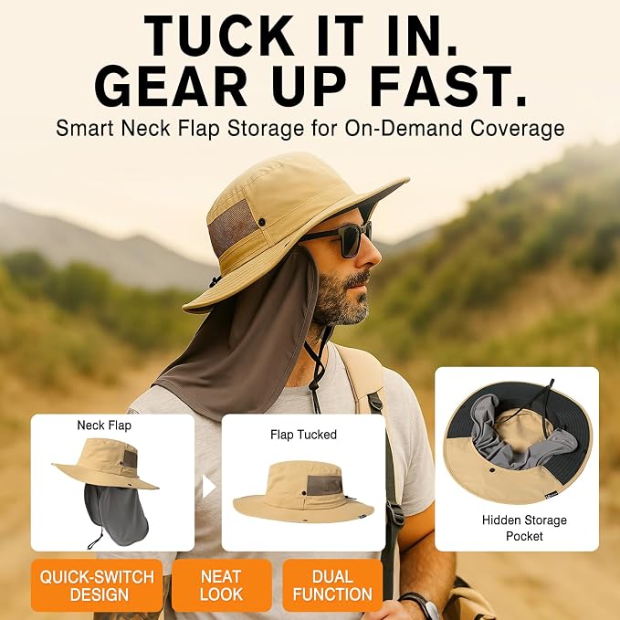 TOP-EX UVCoolix™ UV Protection Mens Sun Hat with Cooling Neck Flap Sunglass Lock Wide Brim Fishing Hats