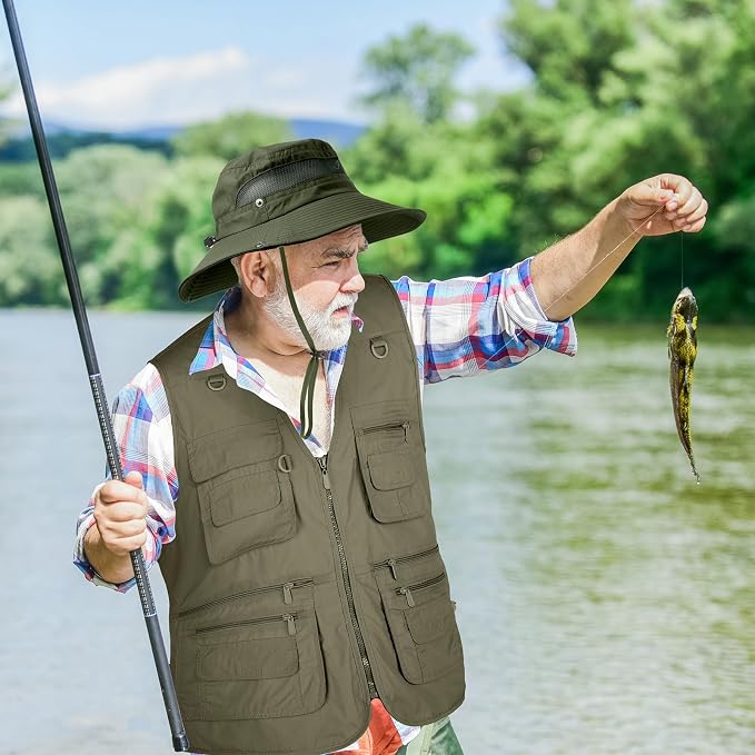 Janmercy 2 Pieces Men's Work Fishing Vest with Hat Lightweight Safari Travel Hunting Waistcoat With Multi Pockets Fishing Hat