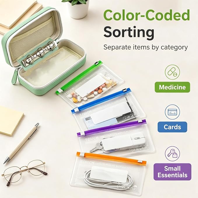 A8 Waterproof Pill Pouch Set, Large Two Weekly Pill Organizer with 14 Color-Coded Pouches, Reusable Travel Medicine Organizer, Zippered Pill Storage Case for Fish Oil, Vitamins & Supplements