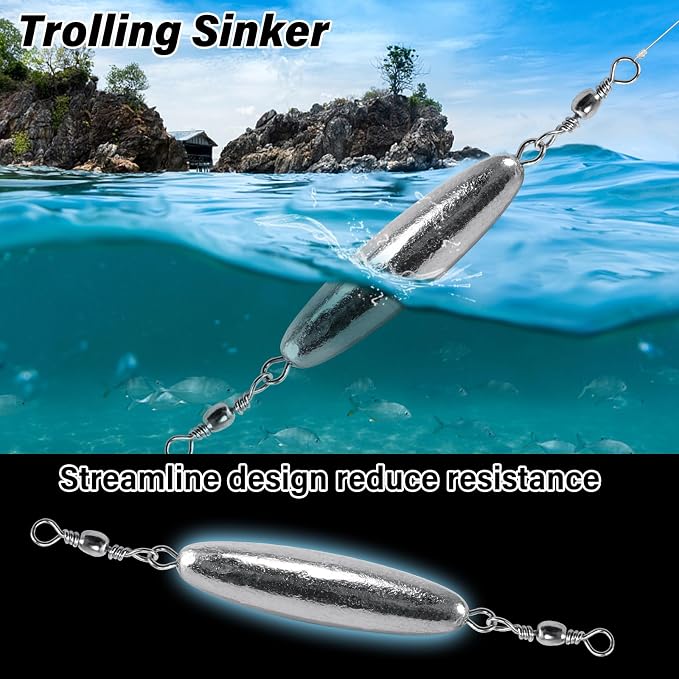 Dr.Fish 10 Pack in-line Trolling Sinkers with Double Swivel Torpedo Weight Lead Fishing Sinkers Double Ring Saltwater Freshwater Salmon Walleye Trolling
