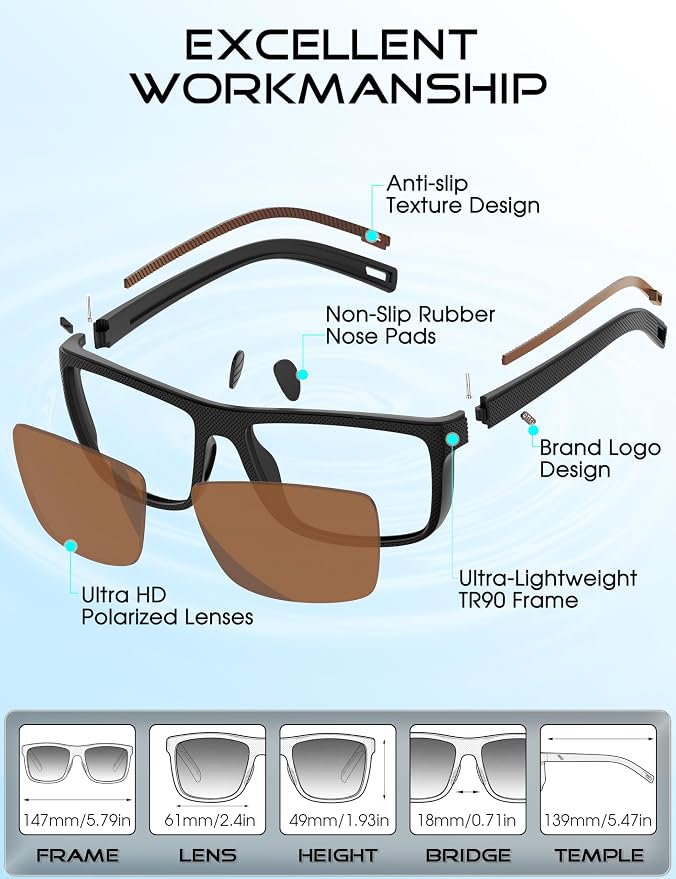 ATTCL Square Polarized Sunglasses for Men: Ultra-Light TR90 Frame UV400 Protection Sun Glasses for Fishing Driving