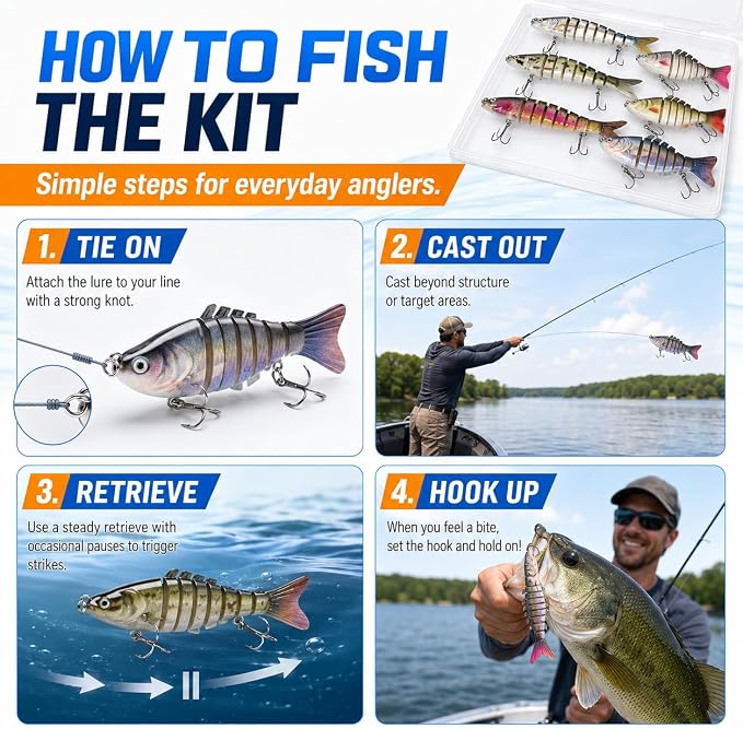 SANWEAL 6PCS Multi Jointed Fishing Lures Kit, 2 Size Slow Sinking Swimbait Hard Baits with 3D Eyes and Treble Hooks, Segmented Baitfish Artificial Fishing Bait for Bass Trout Freshwater Saltwater